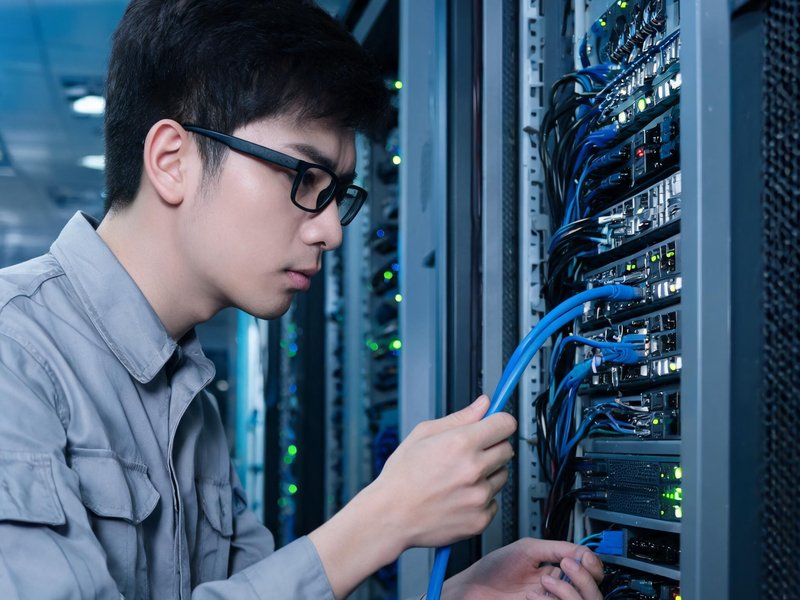 一位戴眼镜的年轻男性在服务器机房中检查数据线缆，表情专注