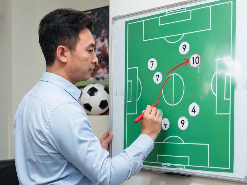一位男性分析师在战术板前画足球战术图