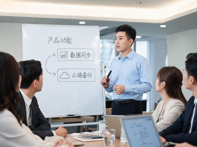 一位男性在会议室的白板前向团队讲解产品功能