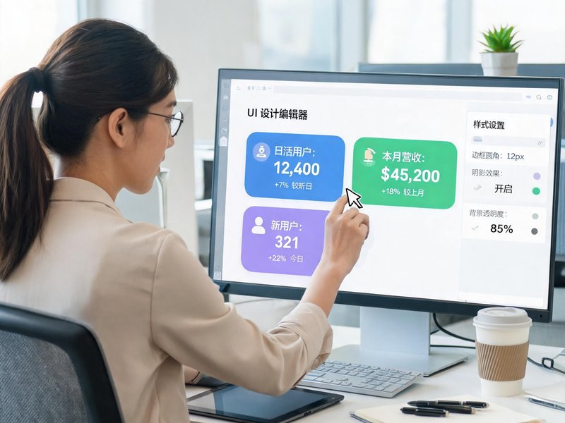一位女性设计师正在调整界面上的数据卡片样式