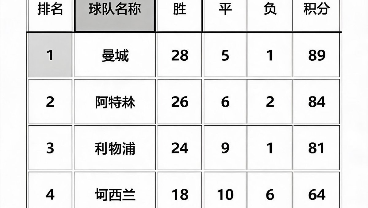 网页上的足球联赛积分榜，按排名显示球队名称、胜平负场次及积分